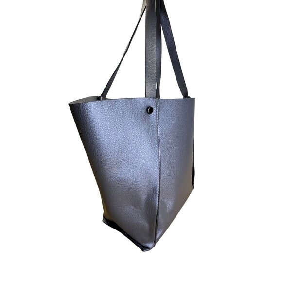 Neiman Marcus Gray Faux Leather Dual Shoulder Straps & Open Top Design Tote Bag - Picture 5 of 9